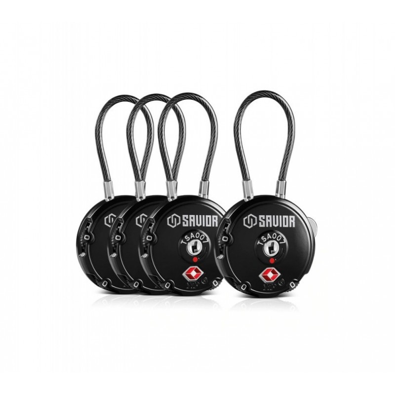 SAVIOR LOT DE 4 CADENAS À CABLE - NOIR (TSA)